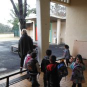 The inner courtyard, waiting for the class door to open.